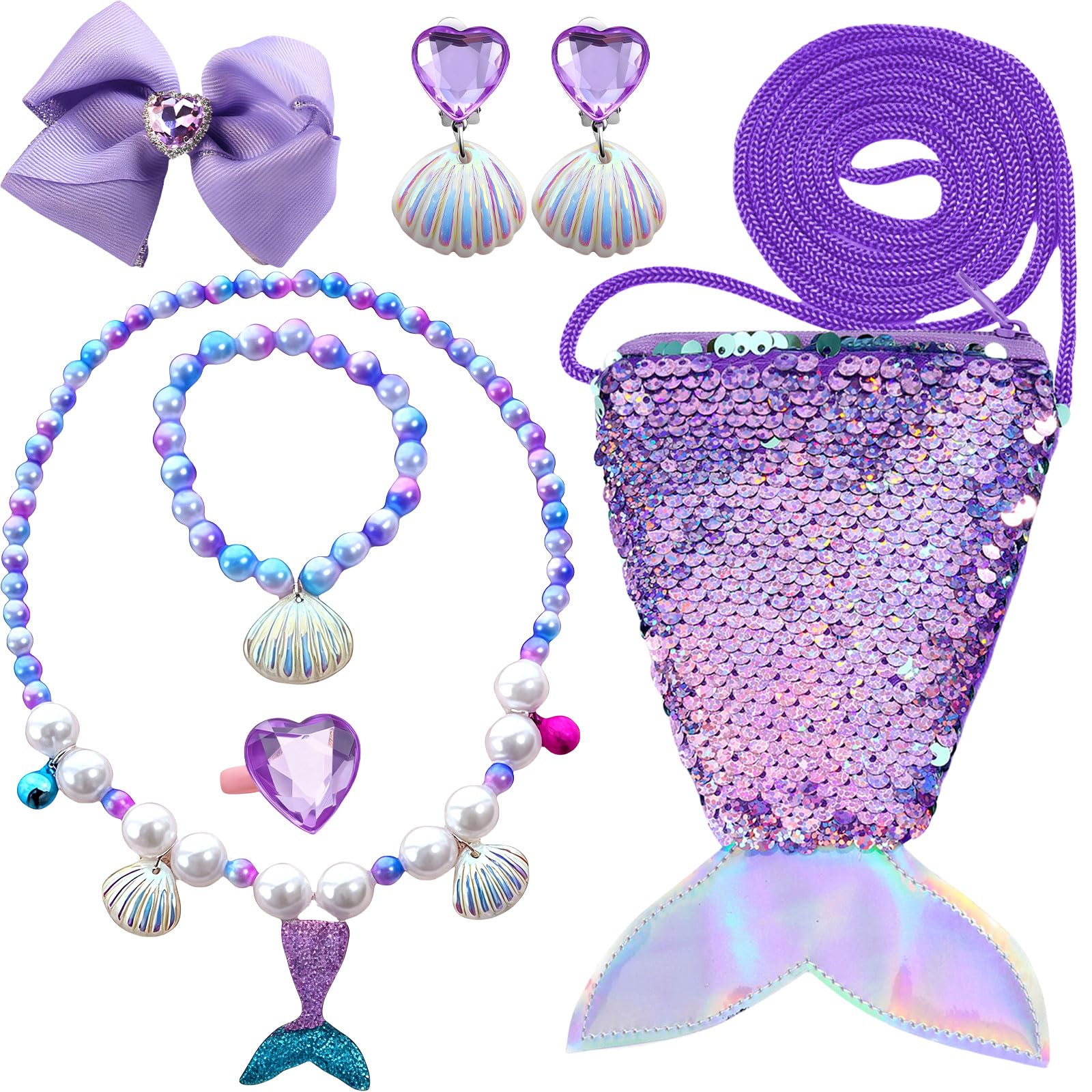 GWAWG Mermaid Bag Jewellery Gift Set: 7 PCS Princess Necklace, Bracelet, Rings, Earrings