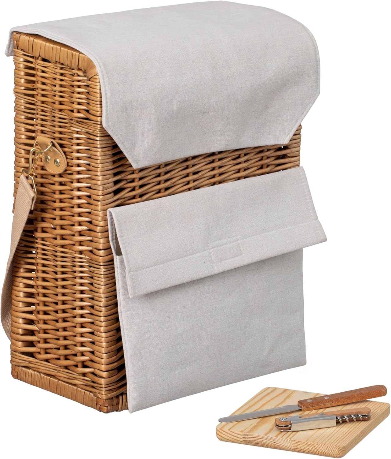 Wickerwise Wicker Picnic Basket for 2 with Wine Holder & Wooden Board – Traditional Wicker Hamper Tote Bag, Picnic Basket Gift Set for Outdoor Parties, Camping, Weddings & Travel