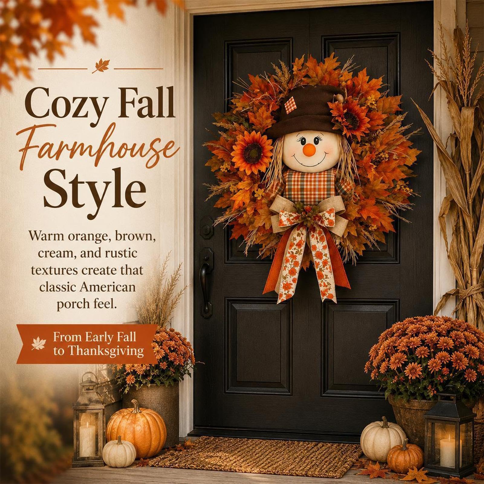 Corone Autunno Per Porta D'Ingresso Pannello Benvenuto Raccolto Acero | Corona spaventapasseri raccolto Per Halloween Ringraziamento Ospite Cremagliera Portale Giardino Esterno Interno