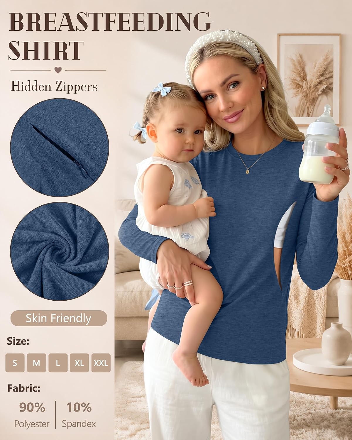 3 Pack Nursing Tops for Breastfeeding Maternity Shirts Zipper Long Sleeve Round Neck Knit Casual Nursing Clothes(Gray Blue, Khaki, Black,X-Large)