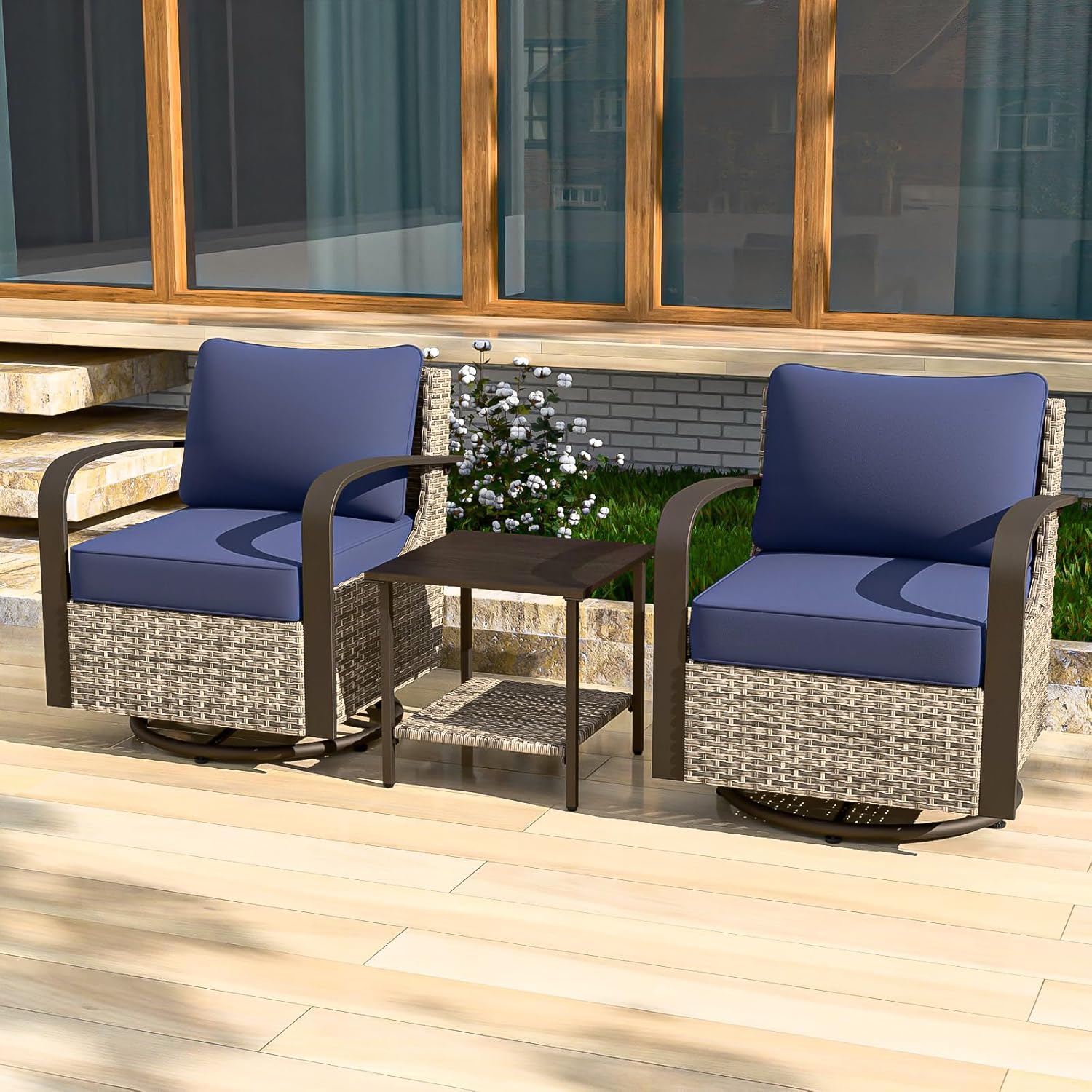 COOS BAY Aurora Terrace 3 Pieces Patio Bistro Set, Outdoor Furniture with Swivel Rocking Chairs and Side Table for Balcony, Porch, Deck, Poolside and Garden, Beige/Blue