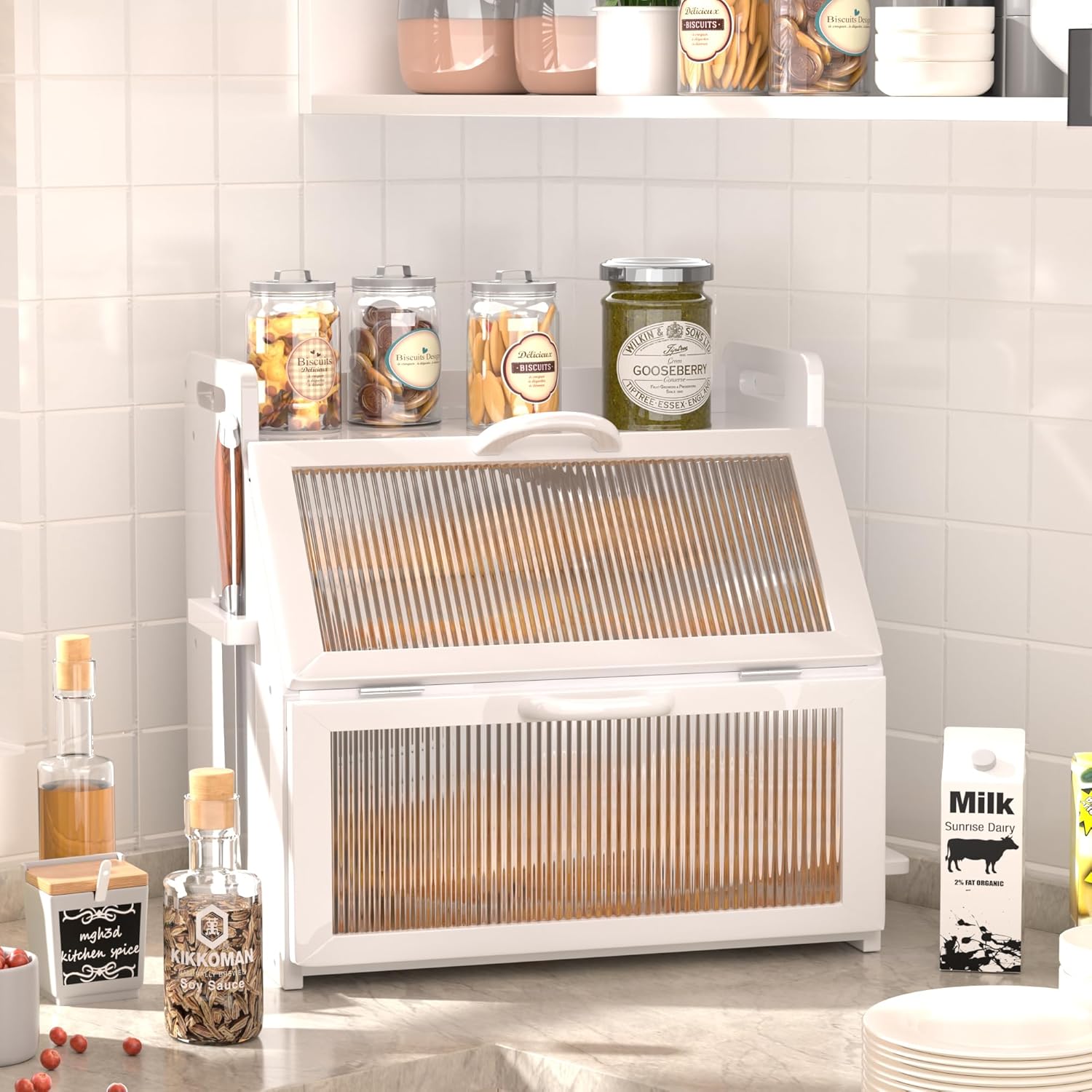 Bread Box, Bread Box for Kitchen Countertop, Large Bread Storage Container for Homemade Bread, Wooden Farmhouse Breadbox Organizers, Double Layer Bread Bin with Acrylic Window Bread Holder,White