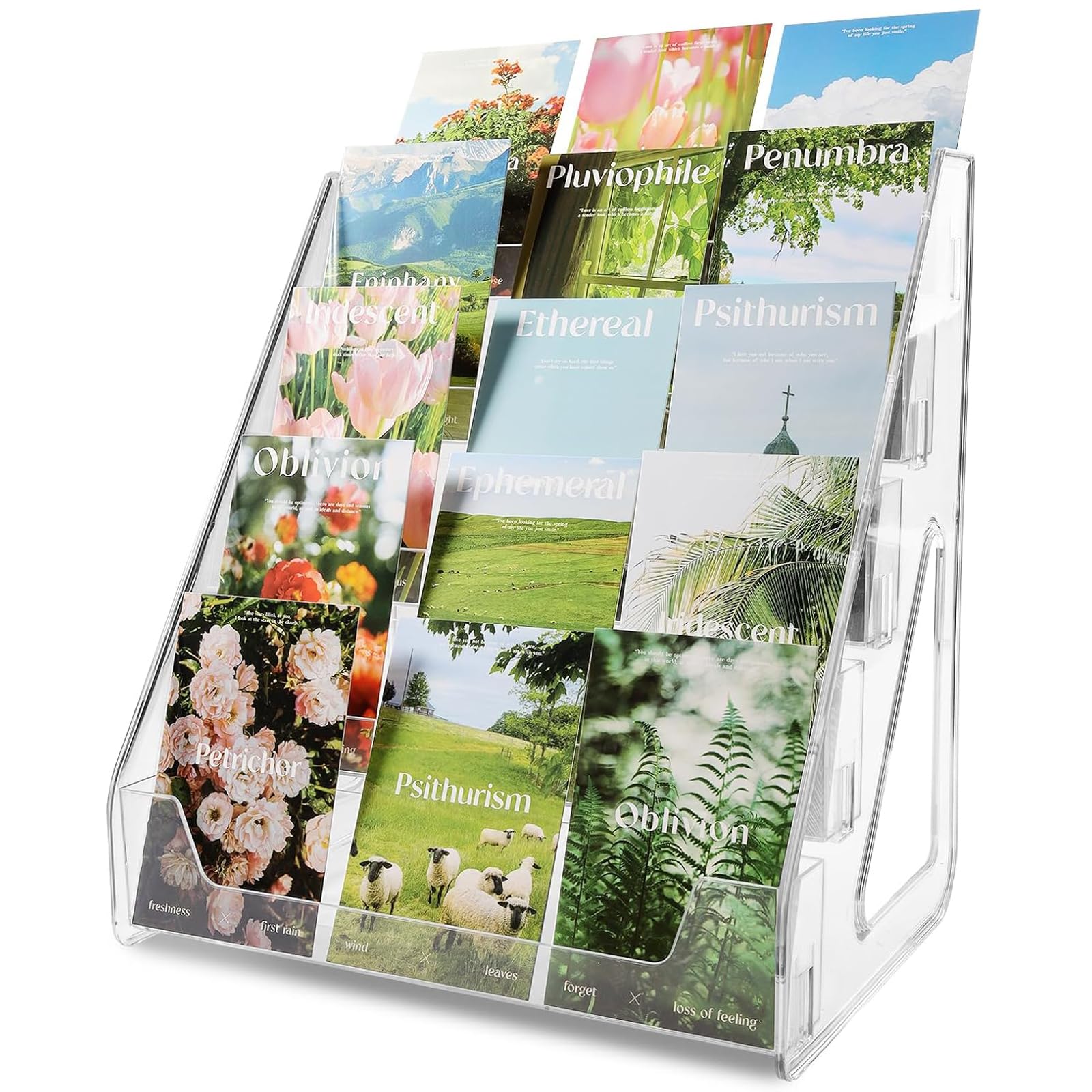 Courage Joy Kindness 5-Tier Clear Acrylic Greeting Card Display Stand, Portable Tiered Rack, Multifunctional Holder for Postcards, Photos, Brochures, Menus & Trading Cards for Retail, Home and Studio