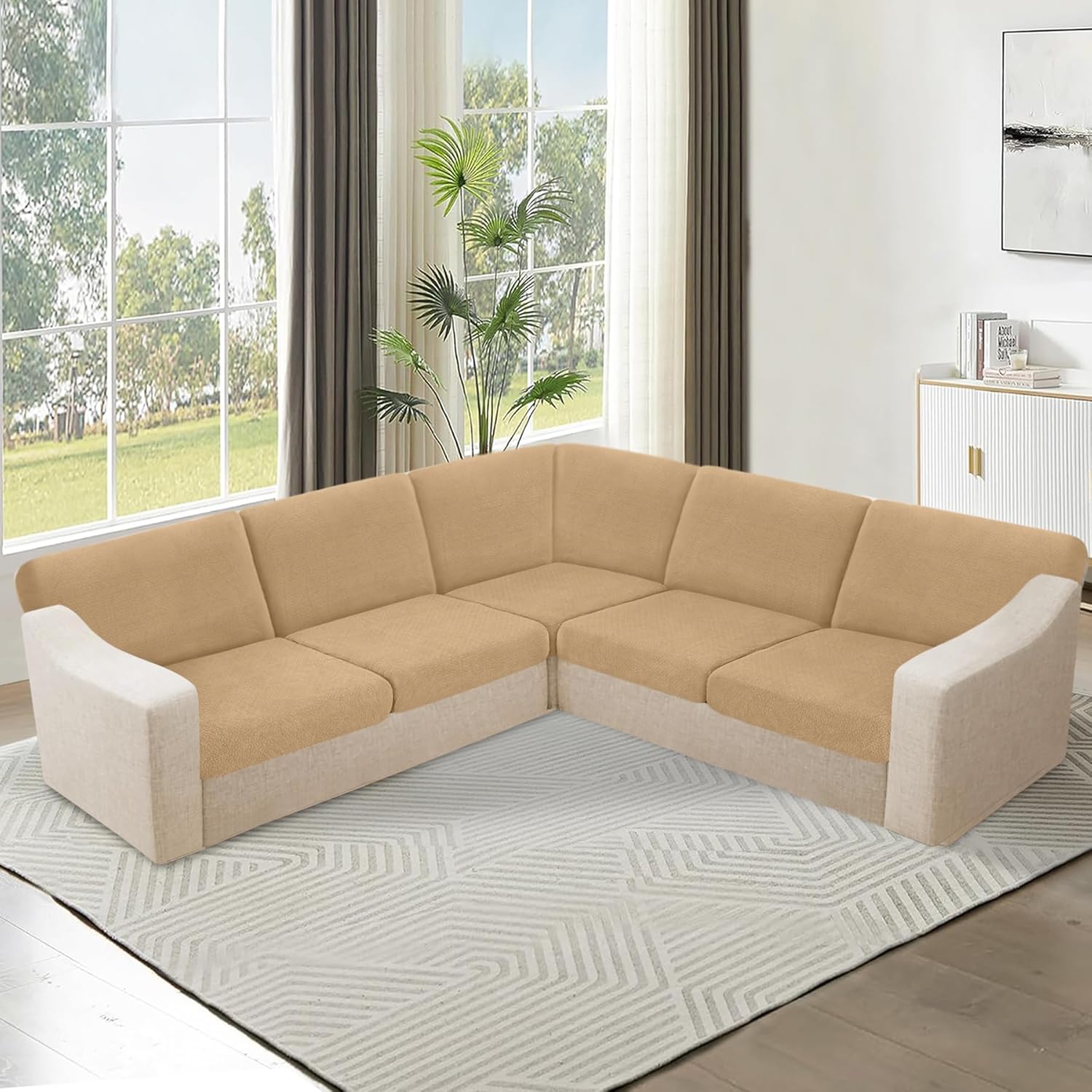 HDCAXKJ Waterproof Sectional Couch Cushion Covers 11 Pieces Stretch Jacquard L Shaped Corner Sofa Slipcover Back Cover Soft Sofa Seat Cushion Covers for Dogs Pet (5 Seater and 6 Backrest, Apricot)