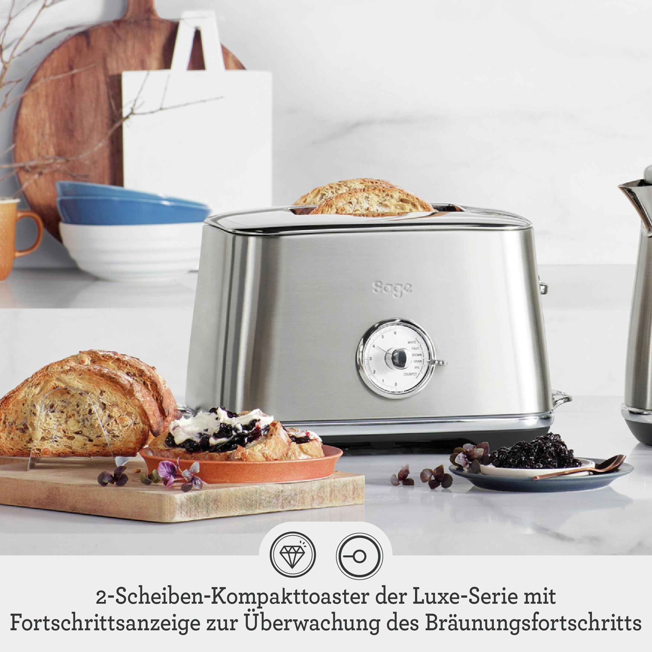 Sage Toast Select Luxe, 2-Scheiben-Toaster, Gebürsteter Edelstahl | 2-Scheiben-Toaster mit LED-Countdown-Anzeige, Mit Liftfunktion, 6 Einstellungen, Verstellbarer Bräunungsgrad, 840-1000 W