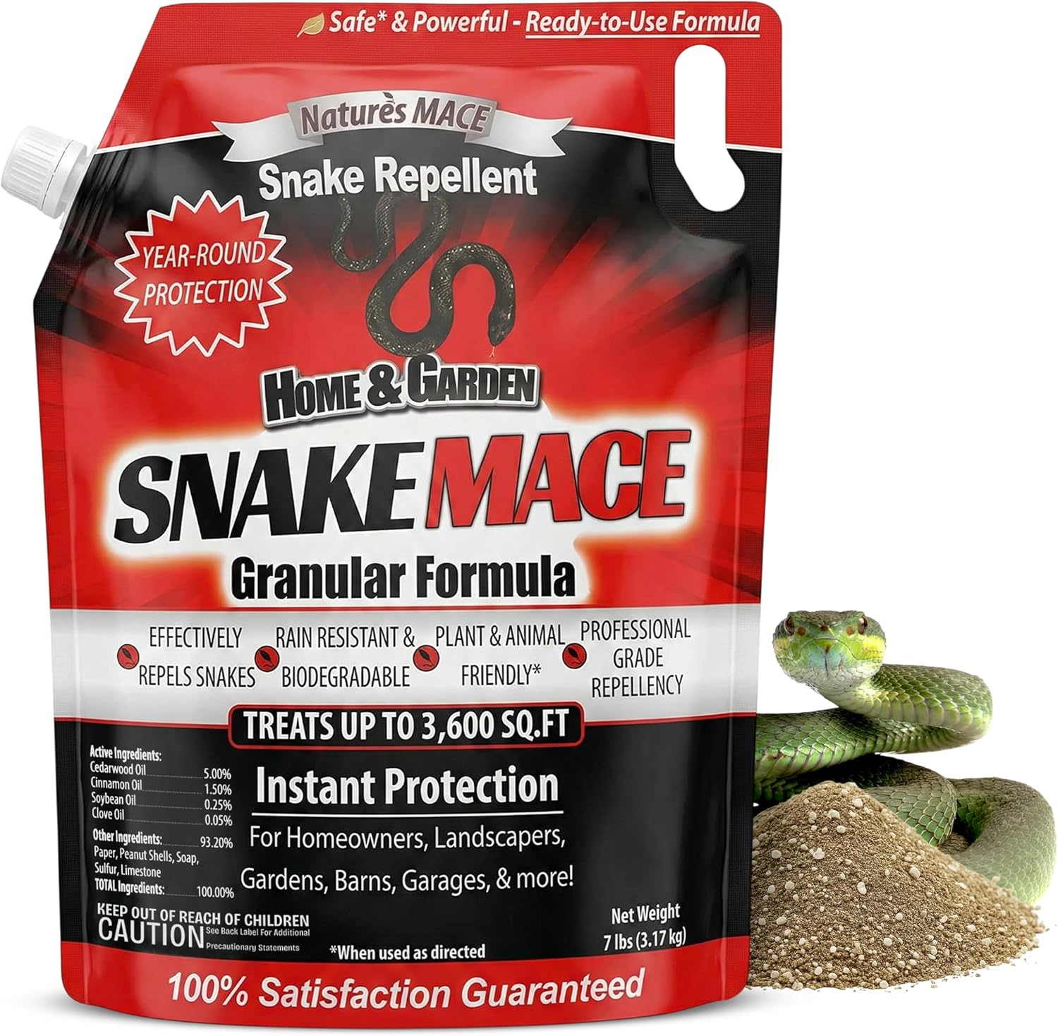 Nature’s Mace Snake Mace, Snake Repellent Granules for Yard, Outdoor Use, Keep Snakes Away, Reptiles, Home, Garden, Granular Deterrent, Plant Friendly, Pet Safe, Fast Acting, 7 Pounds (Pack of 1)