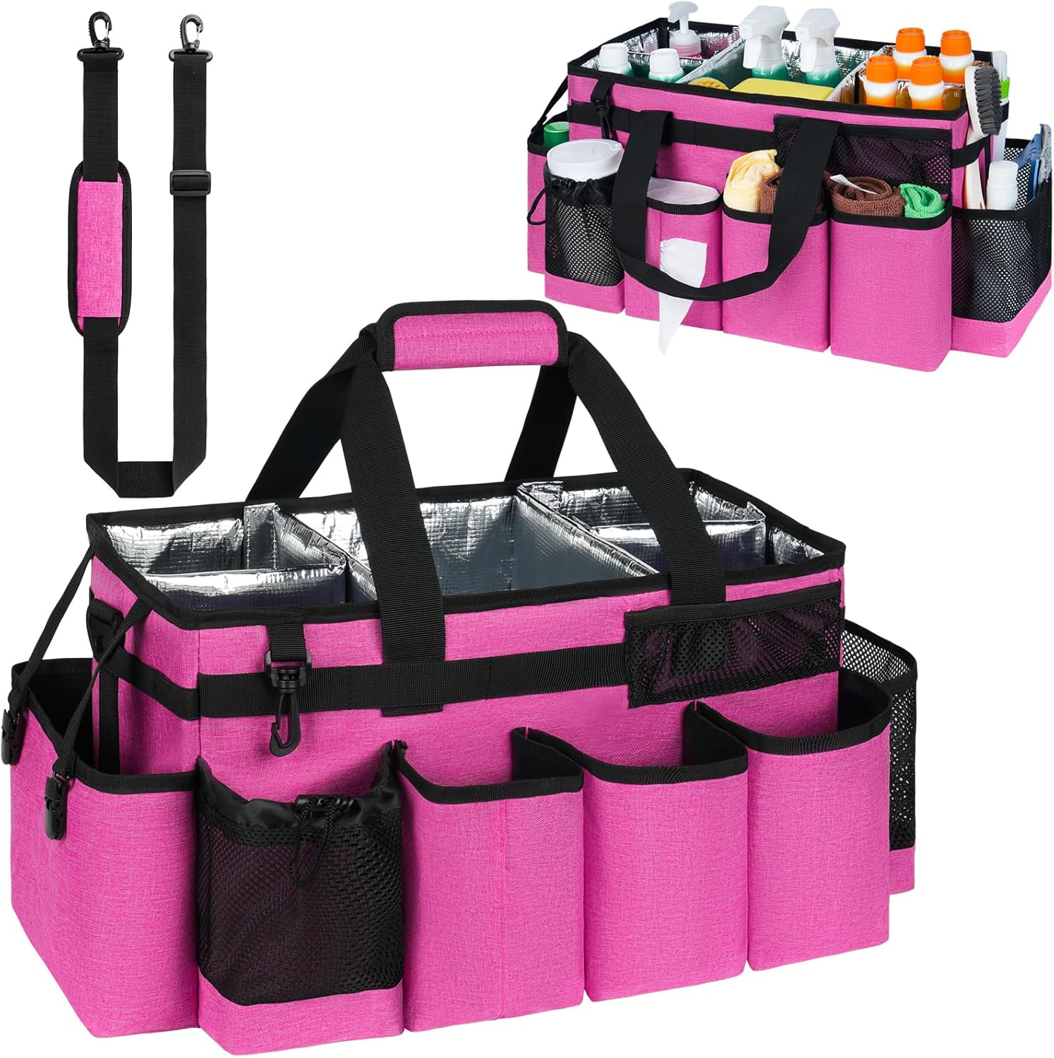 Cleaning Caddy Bag, Large Cleaning Supplies Organizer for Housekeepers, Housekeeping Caddy with Handle and Detachable Padded Cushion, Pink