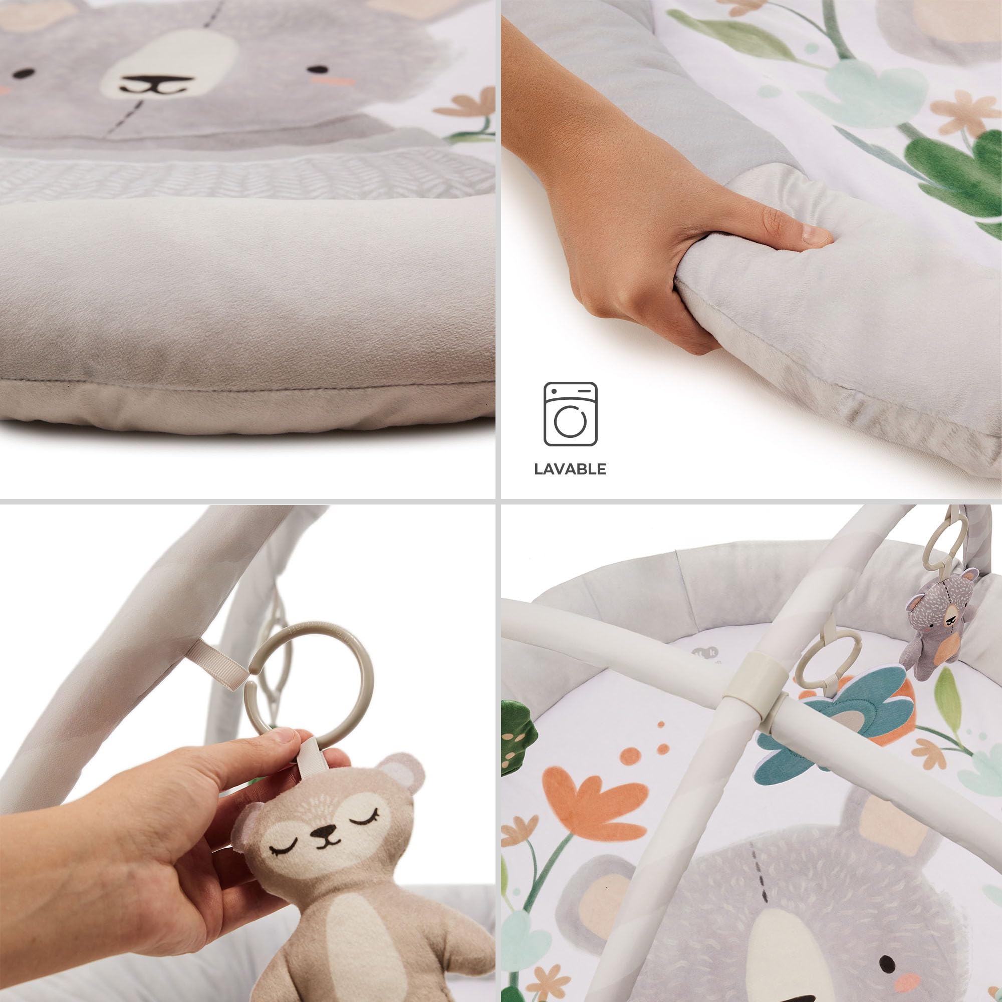 Kinderkraft COZYPLAY Tapis d'Éveil pour Bébé, avec Jouets d'activation, Tapis en Peluche, Lavable en Machine, Facile à Ranger, 2 Arceaux Souples, Gris