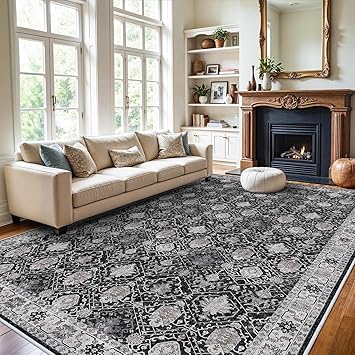 Vintage 10x14 Washable Area Rug: Large Living Room Rugs Indoor Soft Stain Resistant Carpet with Non-Slip Backing for Bedroom Dining Room Farmhouse Low Pile Floor Mat for King Size Bed (10x14 Black)
