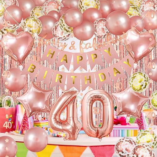 Miniatura 7 de ZERODECO Decoraciones de fiesta de cumpleaños de oro rosa 40, cuarenta y fabulosos carteles de feliz cumpleaños, cortina con flecos de 40 guirnaldas