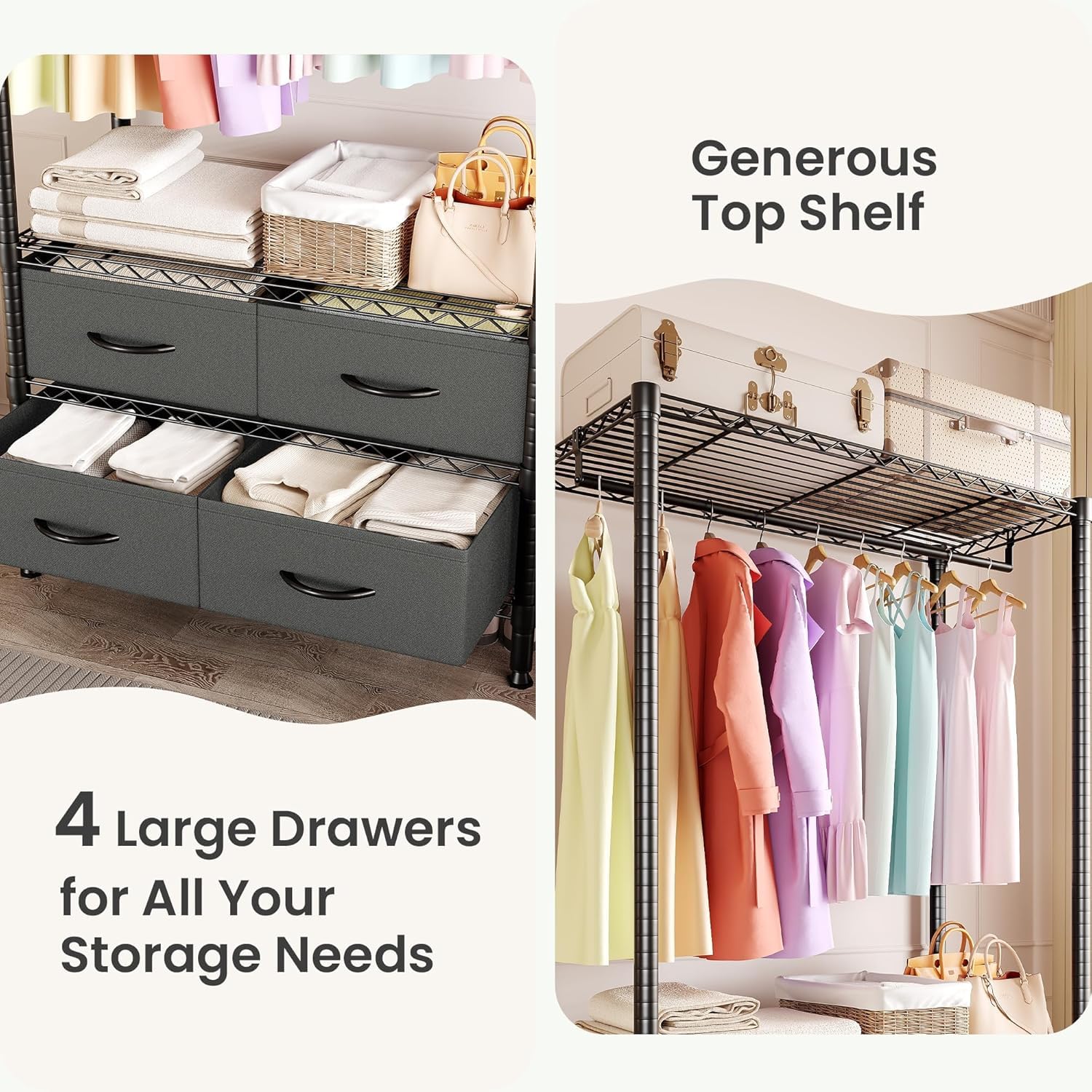 Garvee Portant Vêtements Avec 4 Tiroirs Profonds, Capacité 308 kg, Noir
