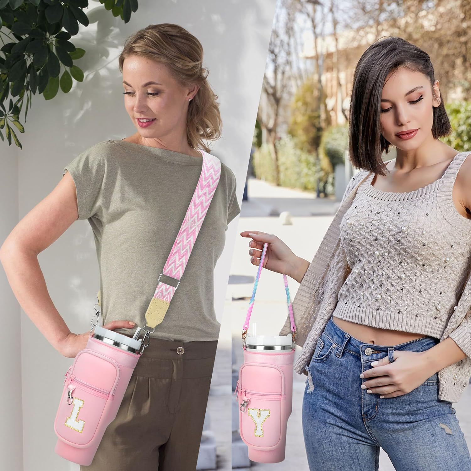 LOKASS Initial Water Bottle Holder with Strap for Stanley Cup Accessories 40oz Tumbler, Valentines Day Gifts A-Z Personalized Water Bottle Carrier Bag with Strap，Phone Pocket for Stanley Cup Bag