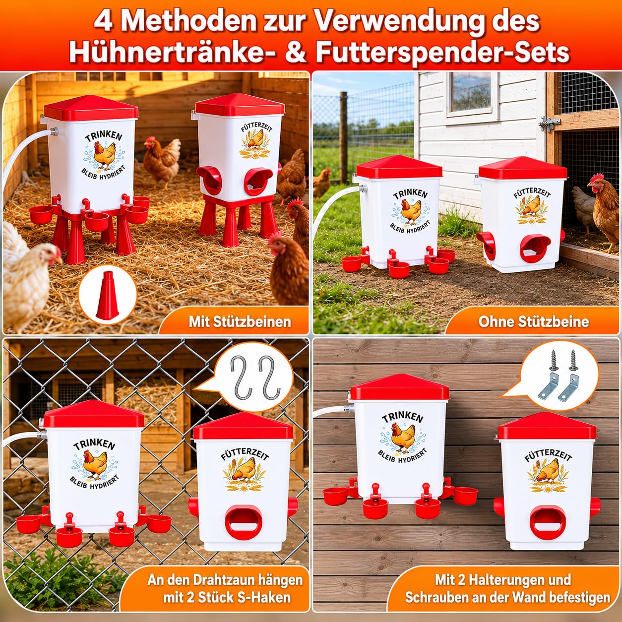 Automatischer Futterautomat Hühner 12KG & Hühnertränke 11.4L mit Schwimmerventil, Geflügeltränke, 4 Näpfe, 3 Anschlüsse, Wassertränke Futterspender Hühner, Zubehör für Stall, Tauben, Wachteln (Rot)