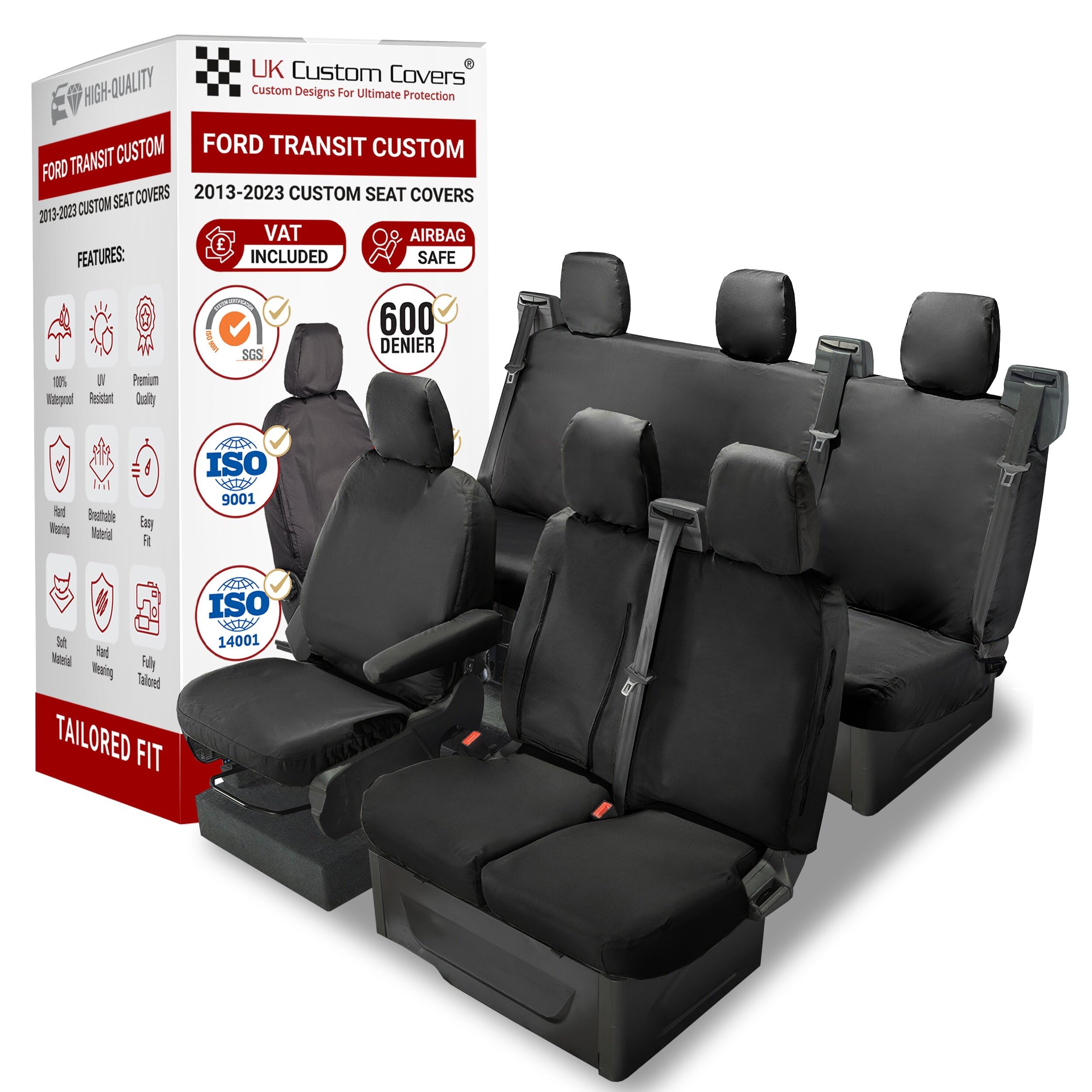– UK Custom Covers Ford Transit Custom Seat Covers - Waterproof Van Seat Covers for Active, Leader, Limited, Sport/M-Sport, Trend, Trail, PHEV, DCIV and RS Front & Rear 2013-2023 (Black, Plain)