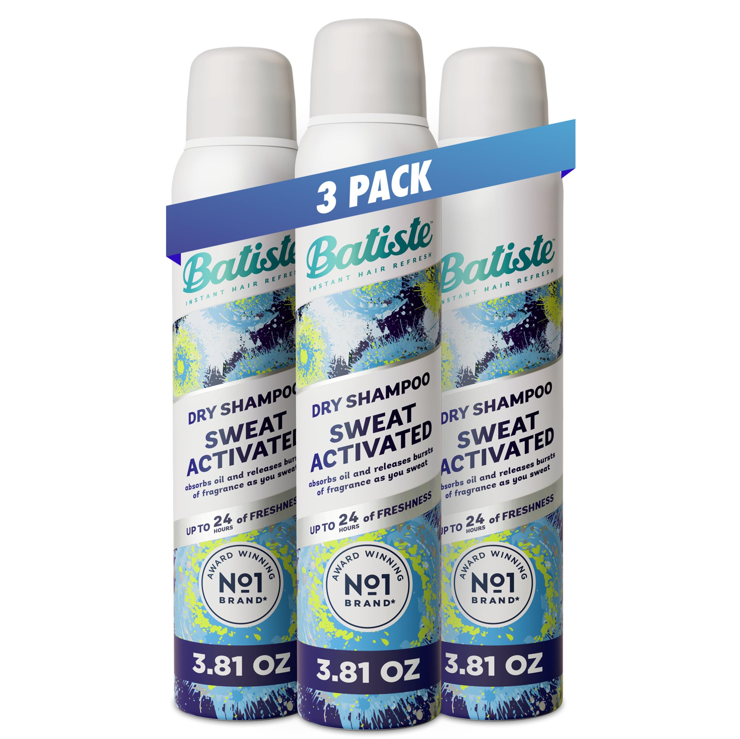 Batiste Sweat Activated Dry Shampoo, Scent-Releasing Tech, 3.81 Oz, 3-Pack