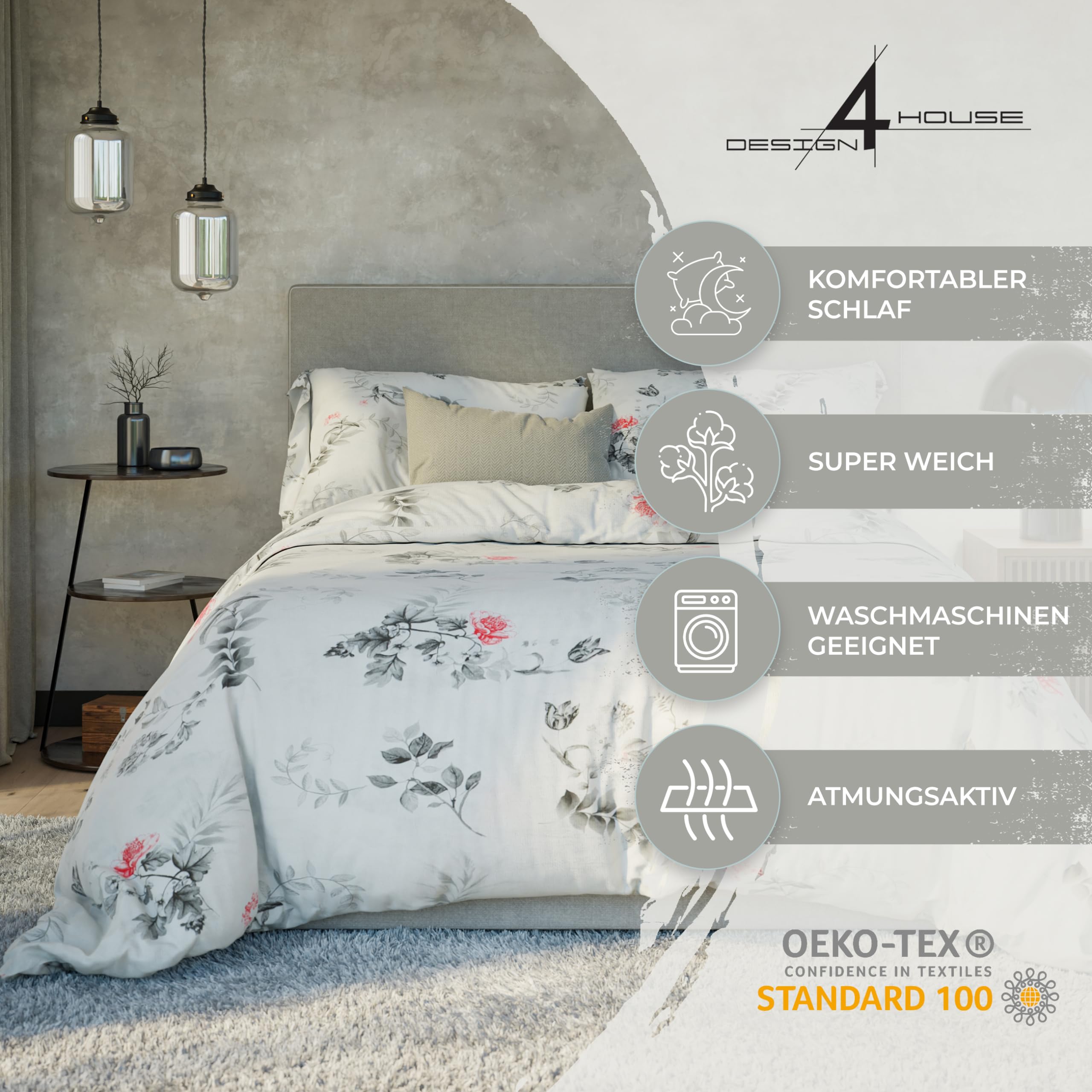 4housedesign®, biancheria da letto in cotone, 135 x 200 cm, 4 pezzi, certificato Oeko-Tex, traspirante, con chiusura lampo, facile da pulire, set di biancheria da letto (primavera)