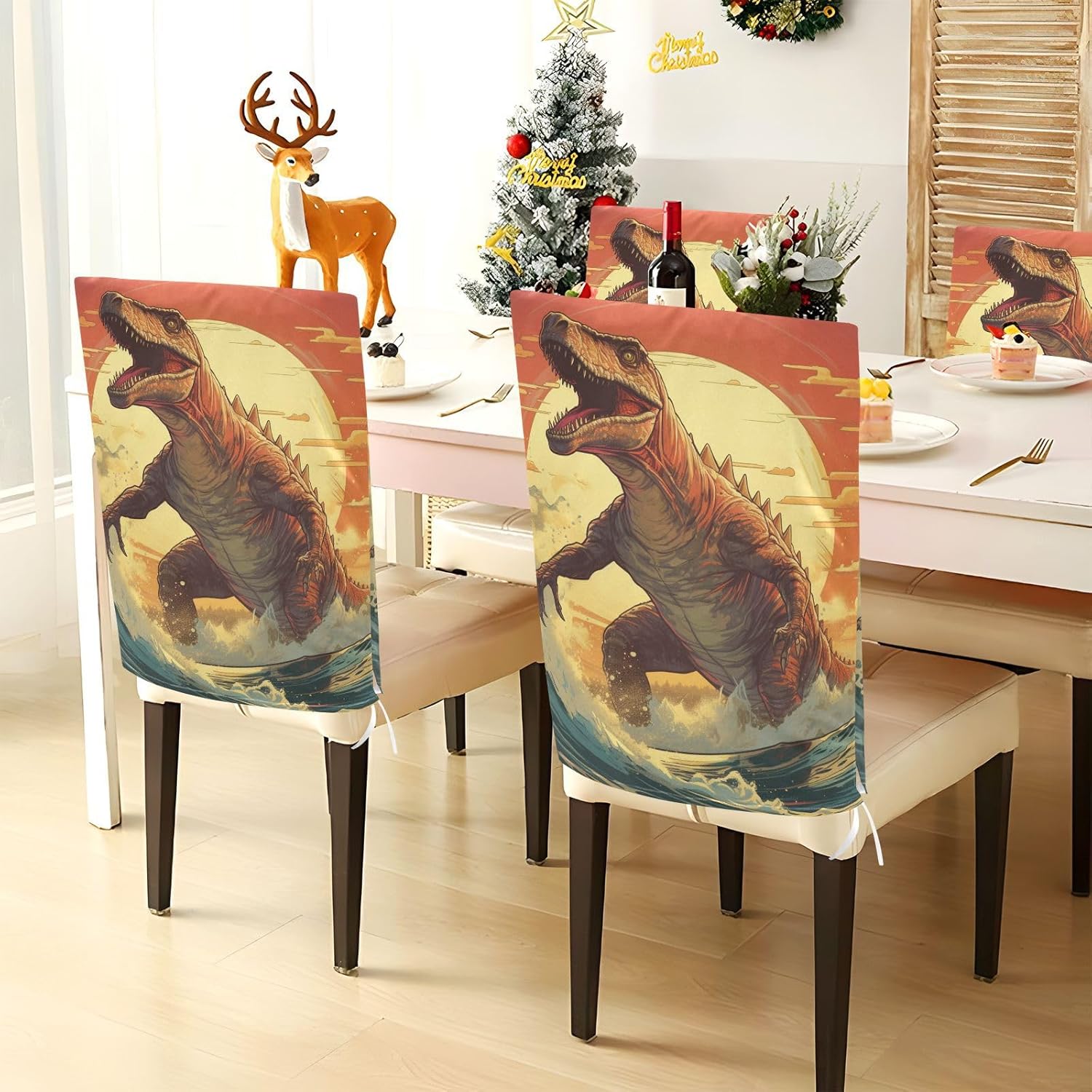 ALAZA Surfing Dinosaur Ocean Wave Chair Back Cover Set of 6, Washable Reusable Removable Chair Slipcovers Decorative Chair Cover for Home Kitchen Wedding Party