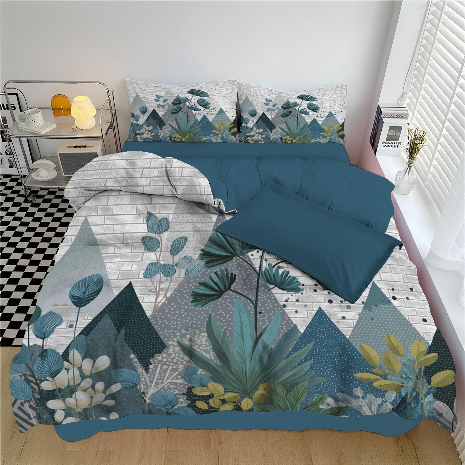 Housse de couette 200x200cm avec fermeture éclair et motifs palmiers géométriques pour lit 2 personnes