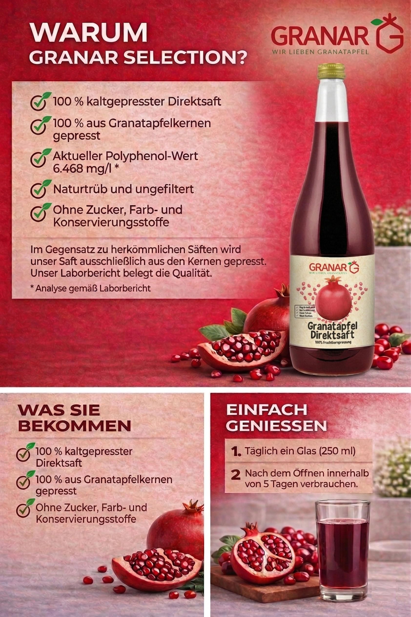 Granar 6 x 1 Liter Granatapfel Direktsaft aus Granatapfelkernen, Naturtrüb, Kaltgepresst, Ungefiltert 100% Granatapfelsaft