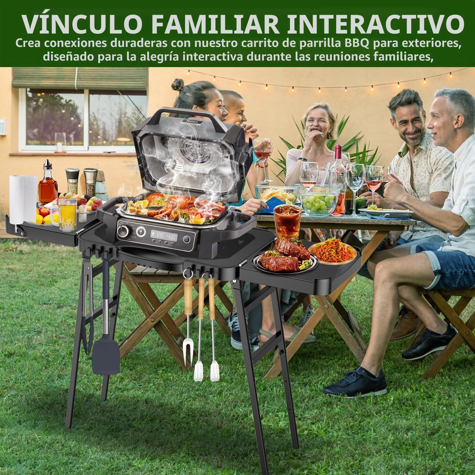 GFTIME Carro de barbacoa portátil universal para Enders Urban, Weber Q100/Q200/Q300, Ninja Woodfire, Burnhard Wayne – Soporte plegable para barbacoa al aire libre con gran superficie de trabajo y
