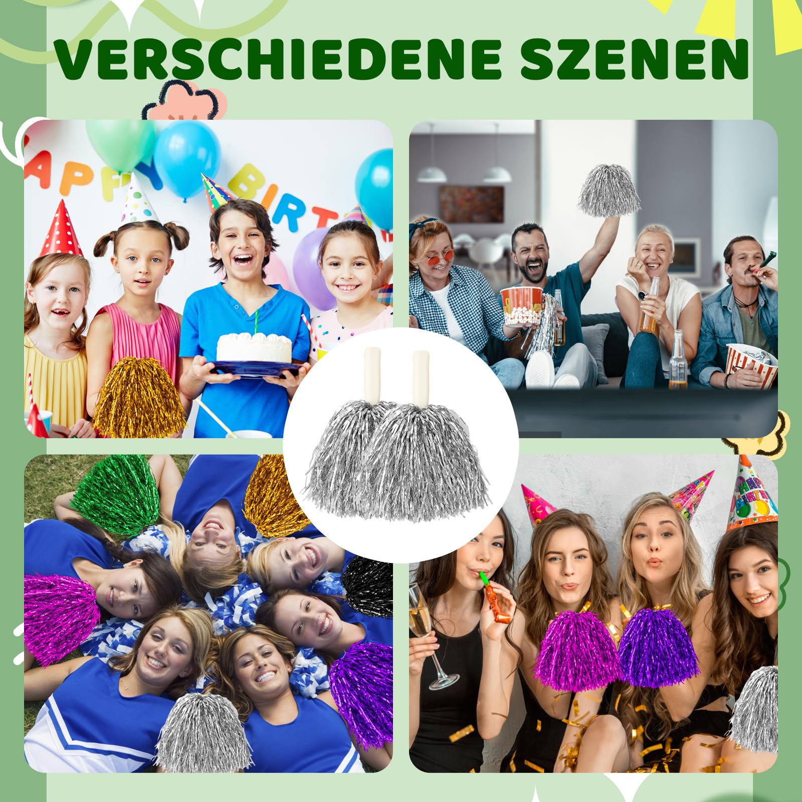 14 pompon da cheerleader, per eventi sportivi, danza, feste, eventi di squadra, 14 pezzi, rosso, verde, rosa, viola, argento, oro, nero