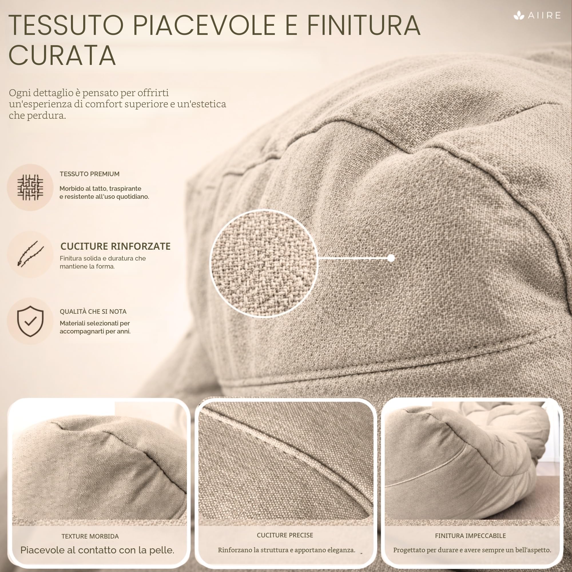 Aiire Pouf Poltrona Sacco di Design - Puff per Sedersi in Cotone con Imbottitura Inclusa - Bean Bag Chair per Salotto, Camera da Letto o Lettura - Pouffe Moderno Beige