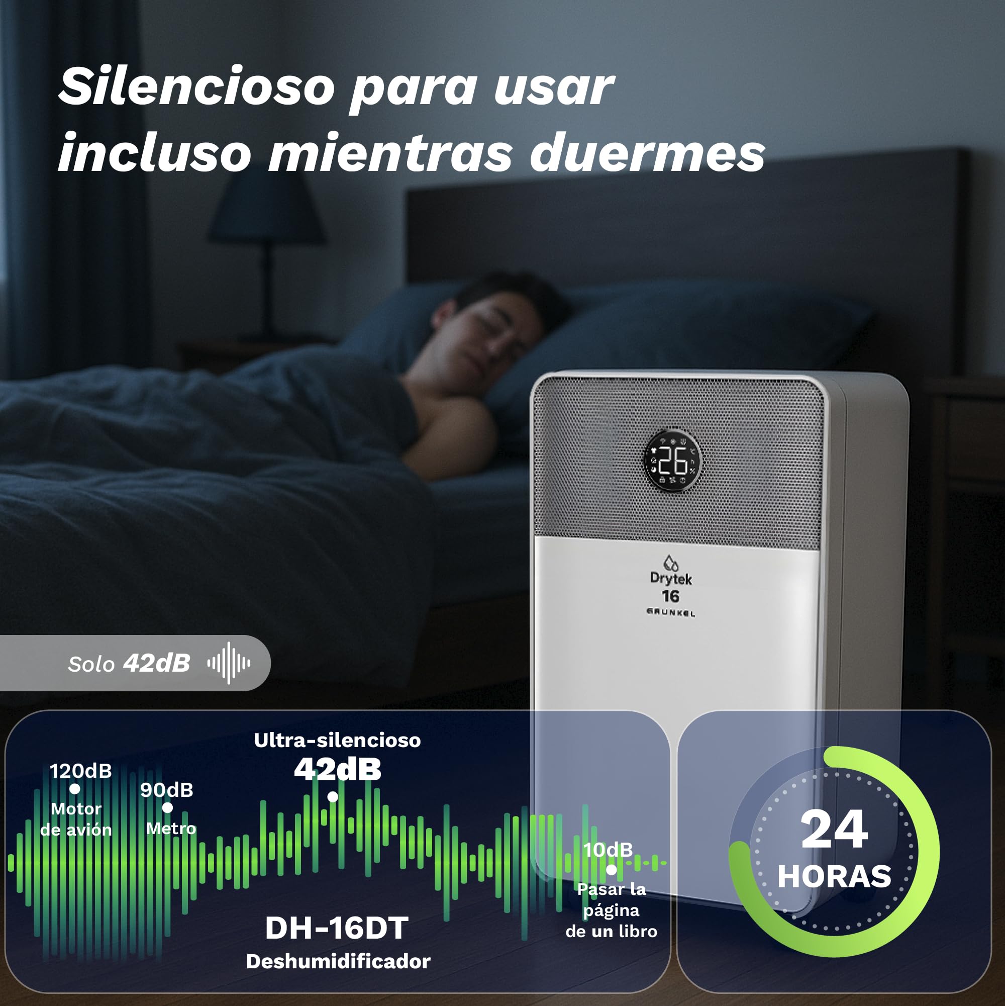 Grunkel Drytek Deshumidificador portátil 10L/día con WiFi y app, drenaje continuo, panel táctil, 100m³/h, depósito 2L, 240W bajo consumo, silencioso 42dB y temporizador 24h (16L/día)