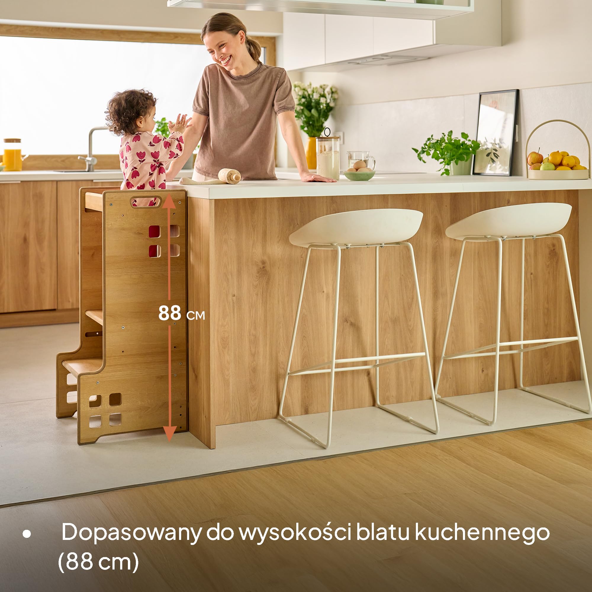LIONELO CASS Kitchen Helper 2w1 Wieża Edukacyjna Montessori Od 1 Roku Regulacja Wysokości Barierka Ochronna Stabilny Stołek Do Kuchni Pólka na Książki Biblioteczka Do 30 Kg