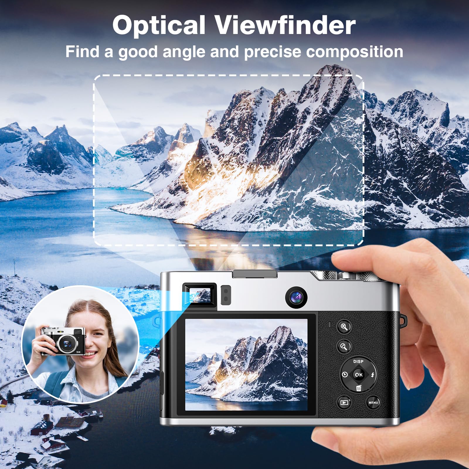5K Fotocamera Digitale, 48MP, Vlogging, Compatta, Unisex, 32GB, Mirino, Flash, 2.8 Pollici, TikTok, YouTube, Webcam, HDMI, 1/4"-20, Treppiede