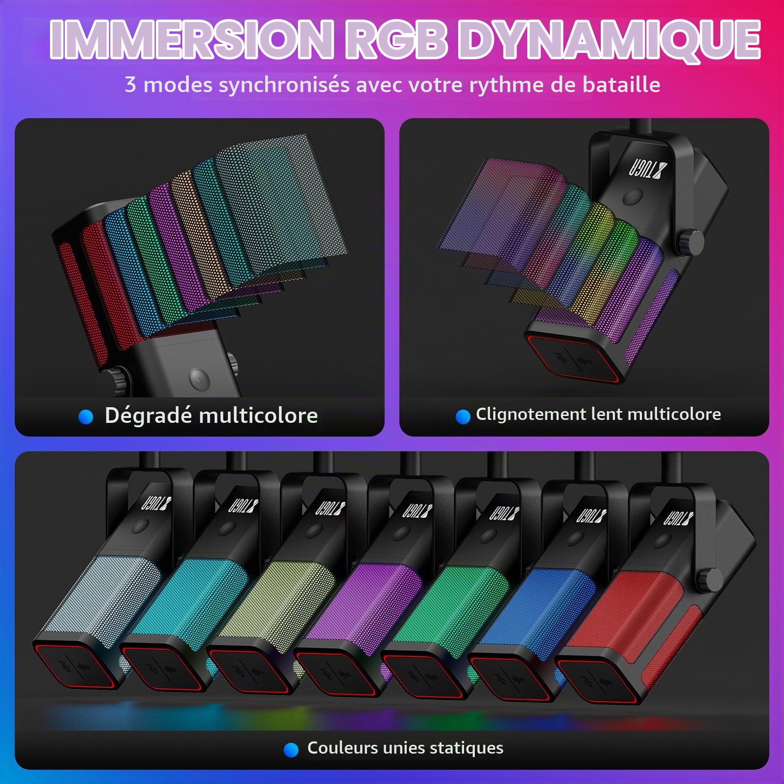 XTUGA M7 Microphone Dynamique pour Streaming Gaming avec éclairage RGB, Microphone à condensateur pour Ordinateur avec réduction du Bruit et Surveillance en Temps réel pour Podcast