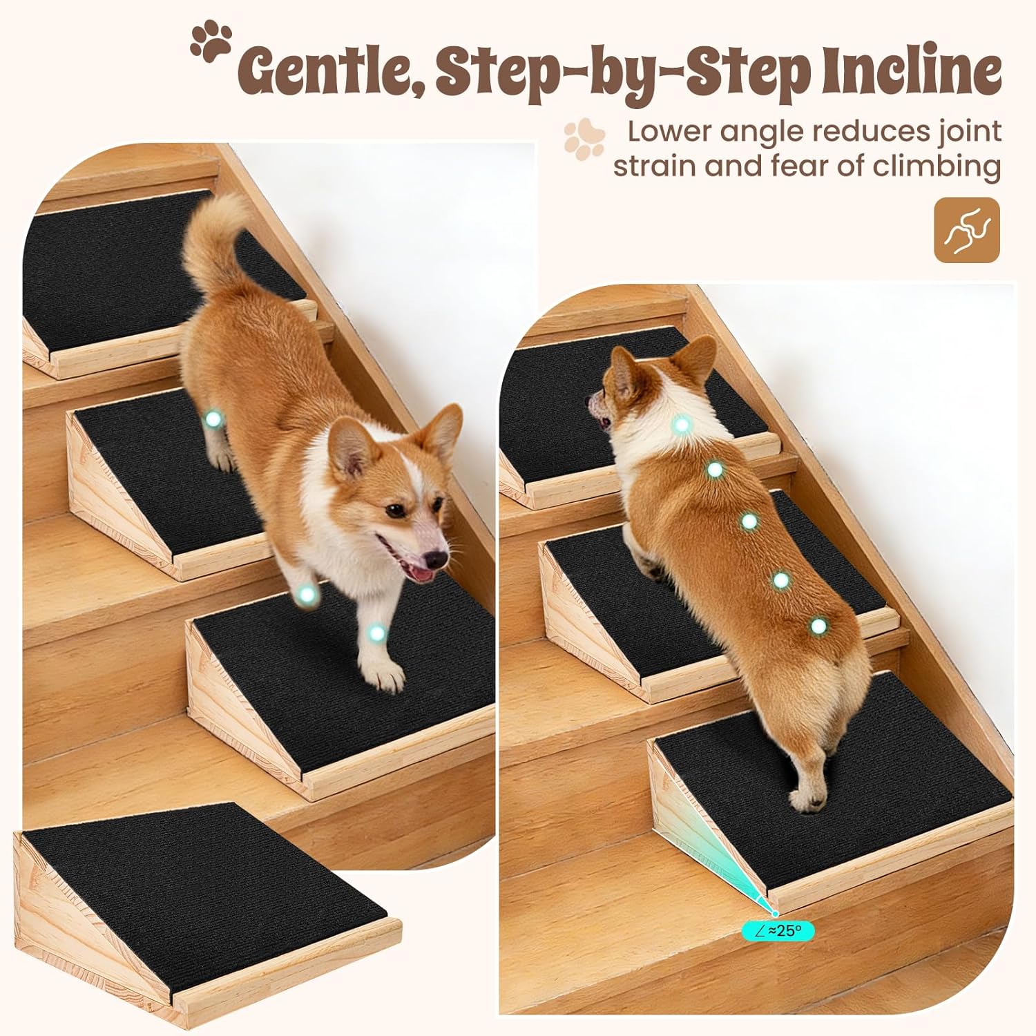 3-Pack Stair Ramp for Senior Dogs, Low-Angle Pet Mobility Aid with Extra Wide Non-Slip Surface, Solid Wood Indoor Step Ramps for Small & Medium Pets