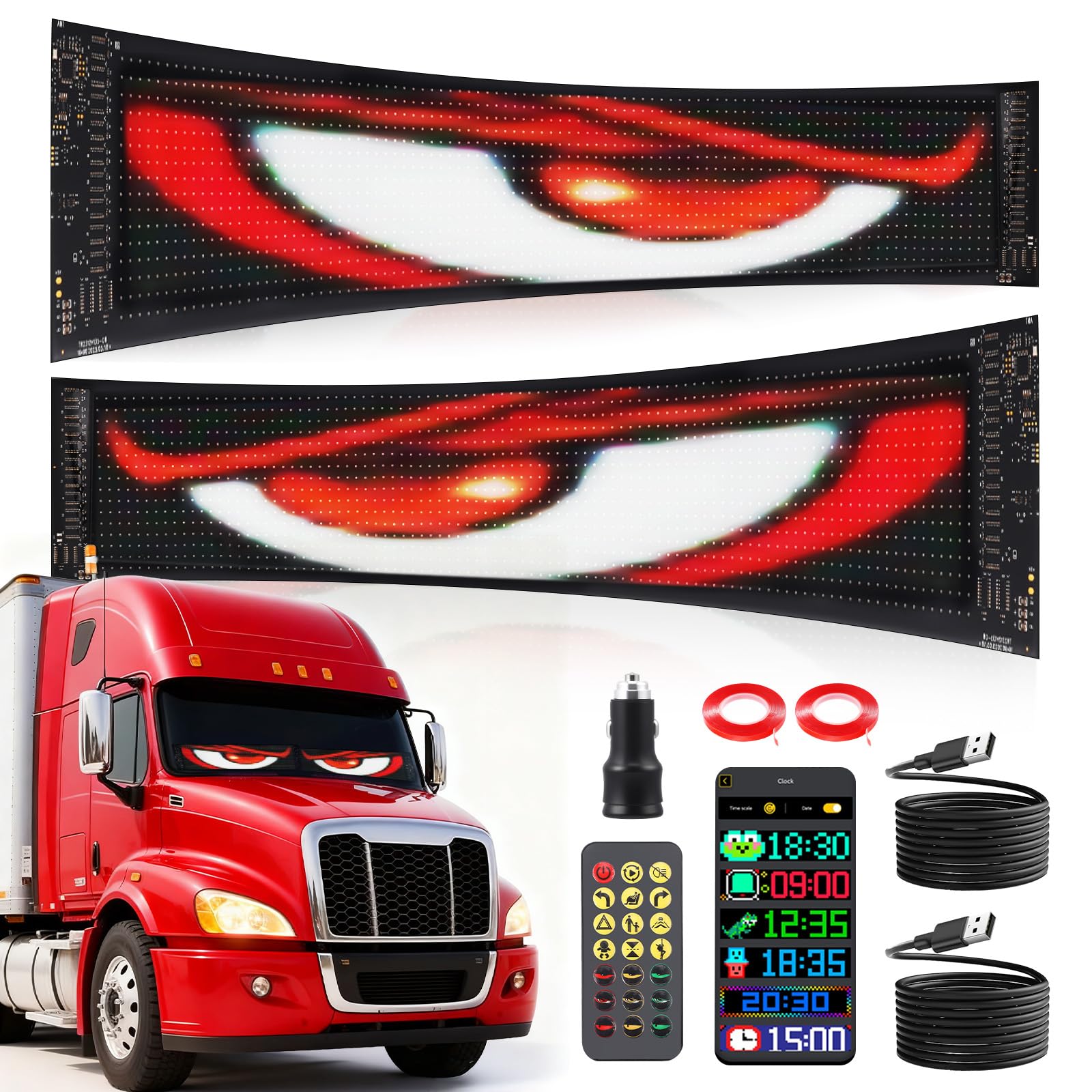 2 PCS Yeux LED pour Camion, Diable LED Personnalisable pour Voiture – Panneau Lumineux Flexible avec Télécommande et Contrôle APP, Compatible avec Auto, Camion (374 x 92 mm)