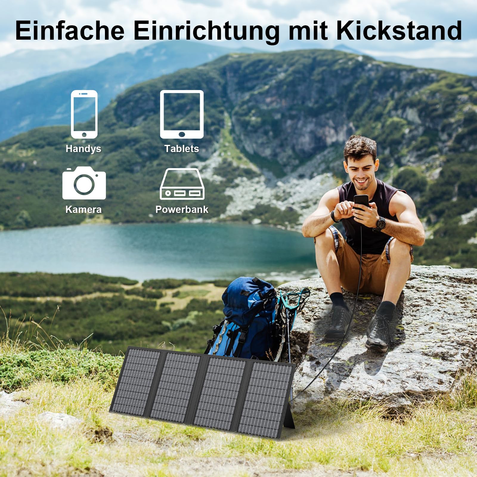 60W Tragbares Solarladegerät mit Ständer, Faltbares Solarpanel mit USB-C, USB-A und DC-Ausgängen, für Camping, Wandern, Notstromversorgung für Kleine Stromgeneratoren, Telefone, Powerbanks
