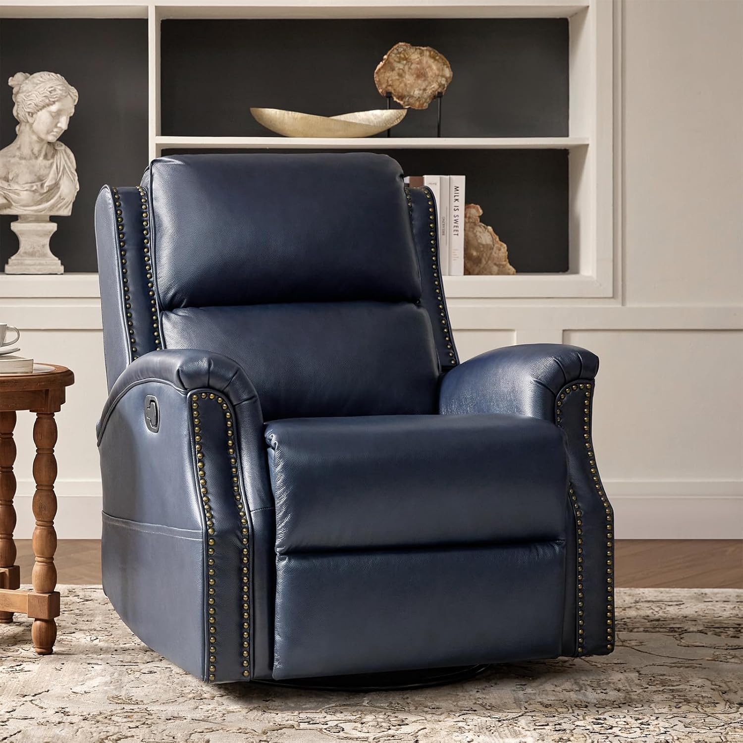 HULALAHOME Genuine Leather Swivel Rocker Recliner Chair, Thick Seat Push Back Armchair, Nailhead Trim Navy