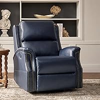 HULALAHOME Genuine Leather Swivel Rocker Recliner Chair, Thick Seat Push Back Armchair, Nailhead Trim Navy
