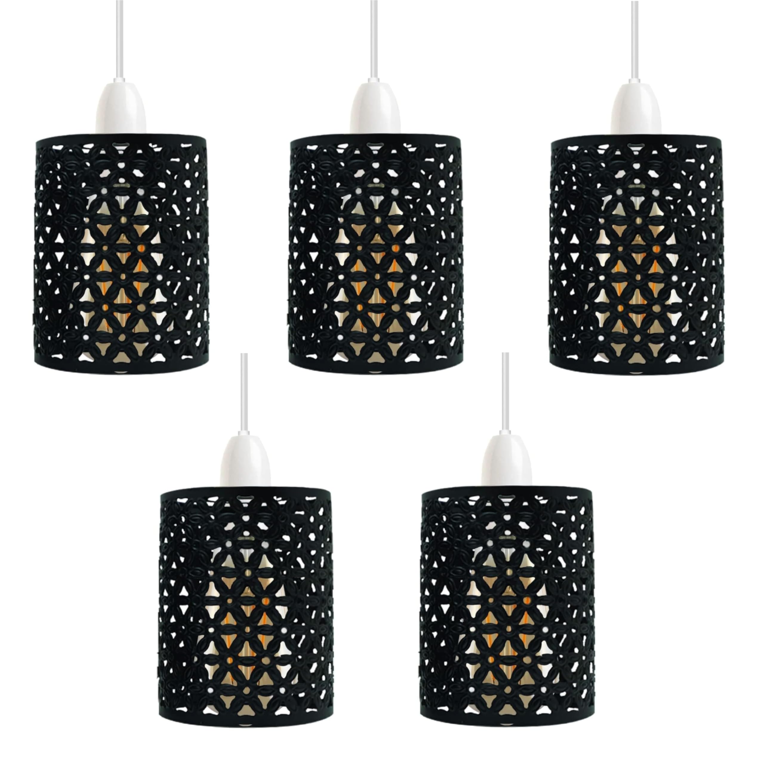5 Pack Black Metal Easy Fit Drum Cage Ceiling Light Shade Hollow Out Lamp Shade for Ceiling Pendant Light for Kitchen, Hall (Pattern 2 Black - 5 Pack)