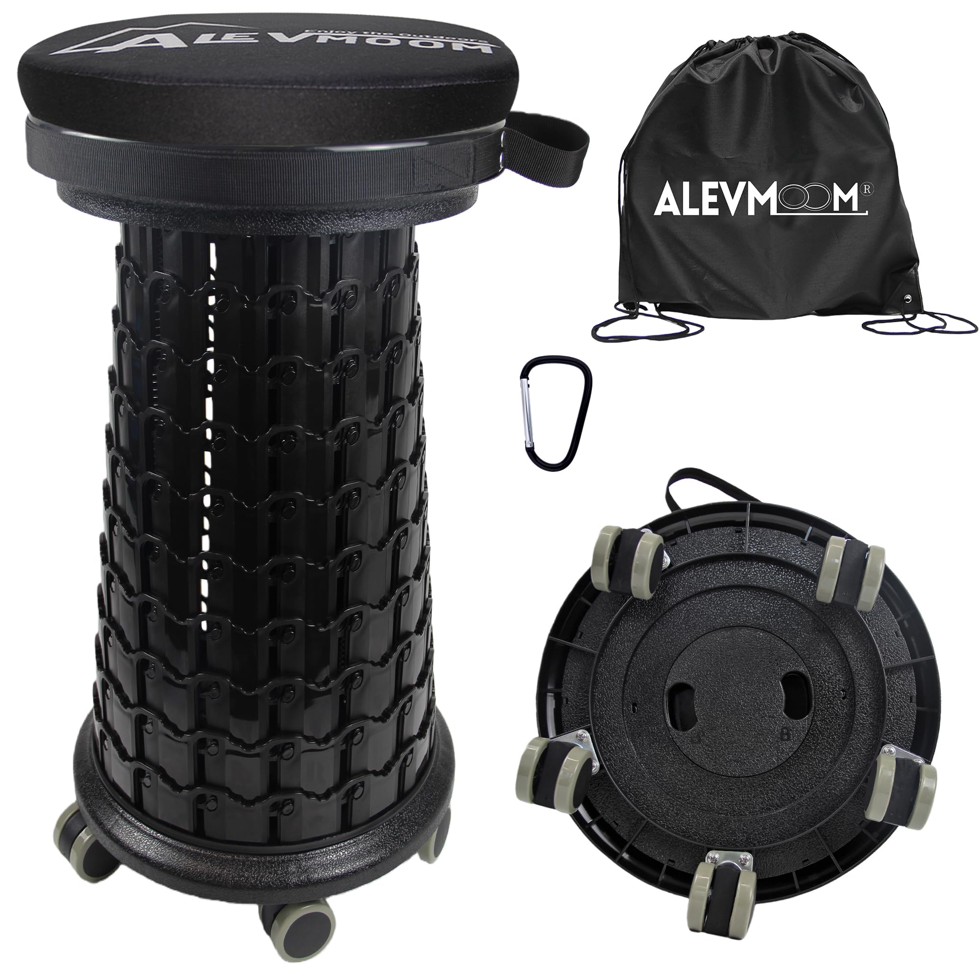 ALEVMOOM Tabouret télescopique portable XXL avec coussin et roulettes, tabouret pliable, pour extérieur, camping, jardin, hauteur 57 cm, diamètre 33 cm, capacité de charge 450 kg