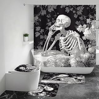 Skeleton Contemplation Shower Curtains Set Bathroom Sets with Rugs (Bath Mat,U Shape and Toilet Lid Cover Mat)