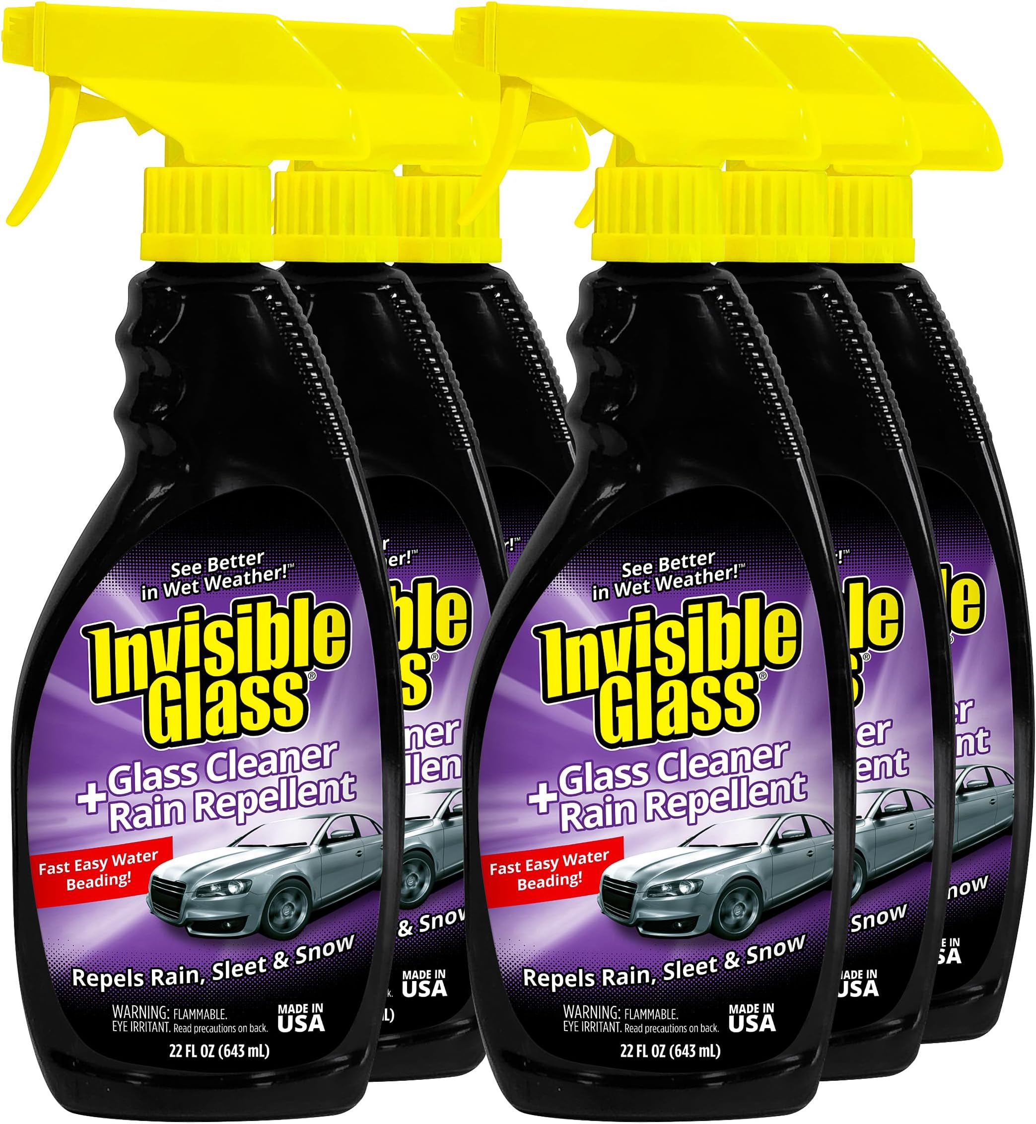 Invisible Glass 92184-6PK Glass Cleaner + Rain Repellent 2-in-1 Windshield and Window Spray, Cleans Auto Glass, Repels Rain, Sleet, Snow, Improves Wet Weather Visibility – 22 fl oz (Pack of 6)