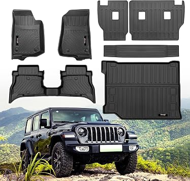 Custom Floor Mats & Cargo Trunk Liner for 2021-2025 2026 Jeep Wrangler JL 4XE Hybrid Accessories All Weather TPE Rubber Protection Mat for 2021-2026 Jeep Wrangler 4XE Full Set