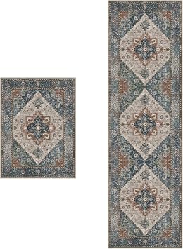Ciicool Washable Vintage Area Rug, 2x3 ft and 26x10 ft Boho Rug, Ultra Soft Rugs for Entryway Bathroom Foyer Decor, Non-Slip Soft Rugs Oriental Low-Pile Indoor Floor Carpet for Hallway Kitchen