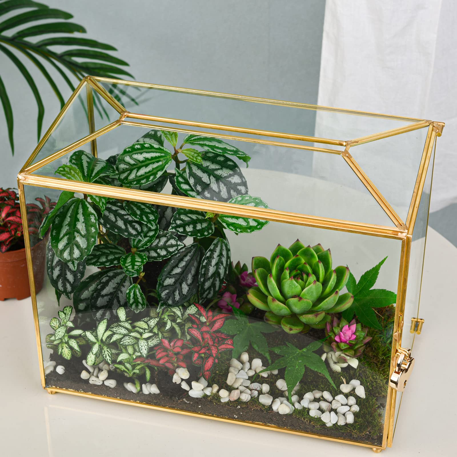 Pudełko na karty ślubne 28 cm, złote szklane etui na karty z zamkami i przegródką na górze, przezroczyste terrarium w kształcie geometrycznym na pamiątkę/wieczór panieński/głosowanie, ręcznie