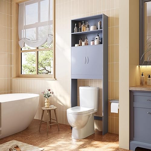 Miniatura 2 de Yaheetech Over The Toilet Storage, Taller Bathroom Organizer Space-Saving Storage Cabinet with Adjustable Shelves and Double Doors, 77 in H, Grey