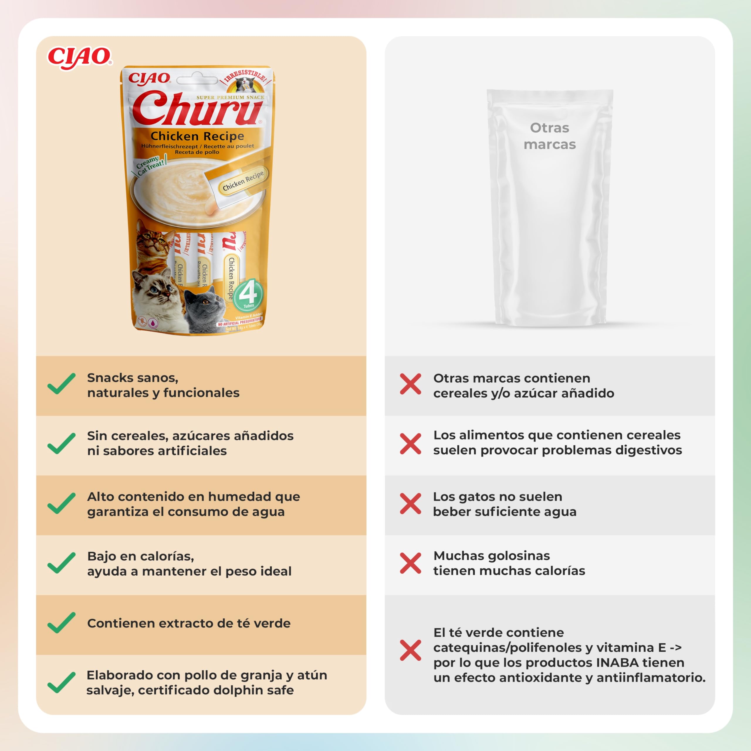 INABA Churu Gatos - Receta de Pollo - Snacks Saludables - Premios con Textura Cremosa - Sin Cereales, Sin Conservantes, Sin Colorantes - Sólo 6 Cal - 56g (4x14g)