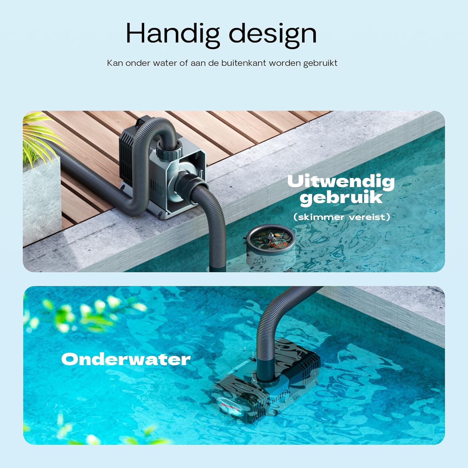 Diagram showing the pump used externally next to a pond and submerged in a pond.