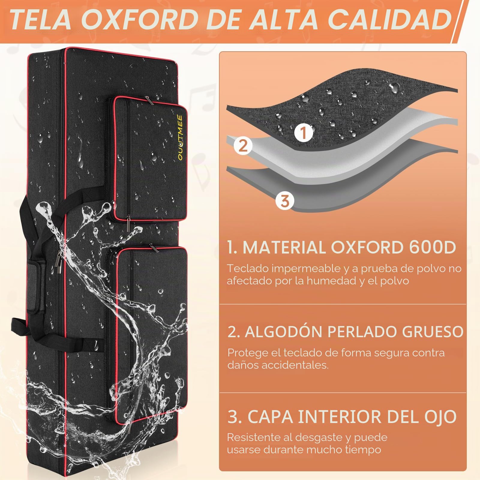 OUOUTMEE Funda para teclado electrónico 76 teclas, tela Oxford 600D, negro, impermeable, 10 mm borde, cuatro protectores de esquina