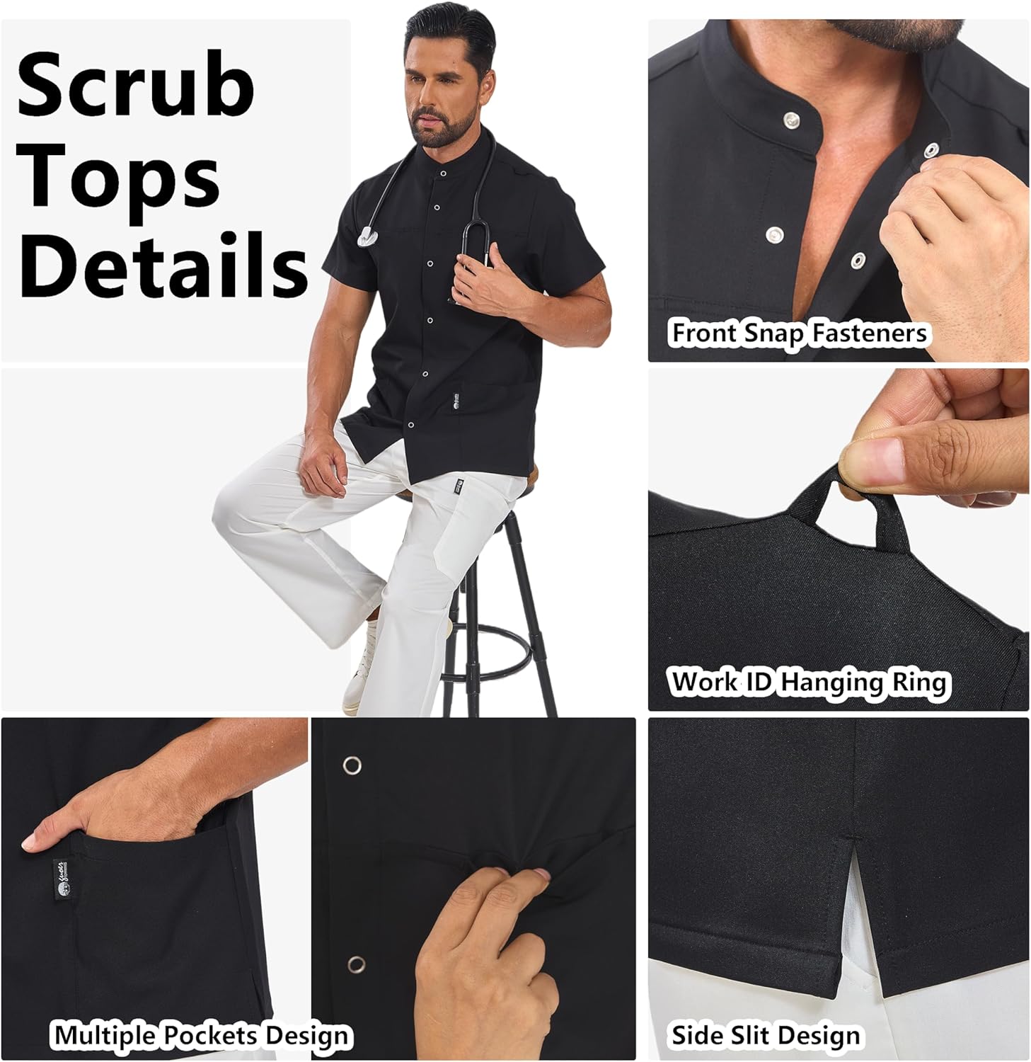 GUOER Scrub Top for Men,Mandarin Collar, Front Snap Fasteners,Side Slits,6 Pockets