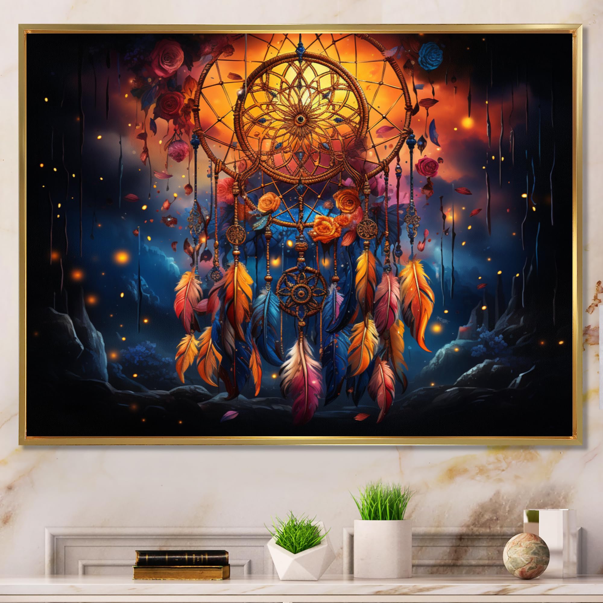 Dream catcher Oversized framed wall art decor, Dream catcher framed wall Art, Bohemian Rhapsody Dreamcatcher I, Gold Traditional Gold framed wall art, 40x30 inches Gold Frame