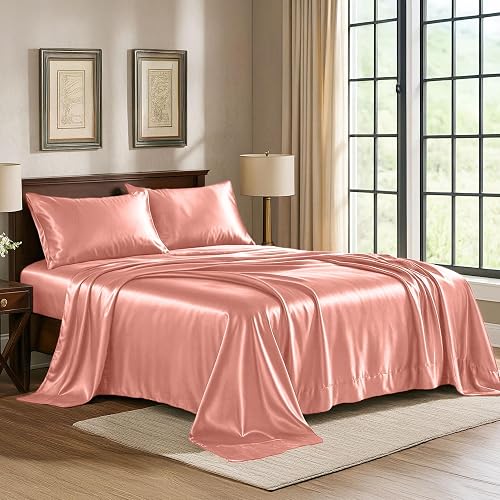 Pure Bedding Satin Sheets Full Hotel Luxury Silky Bed Sheets - Extra Soft 1800 Microfiber Sheet Set, Wrinkle, Fade, Stain Resistant - Deep Pocket Fitted Flat Sheet, Pillow Cases (4-Piece, Blush Pink)