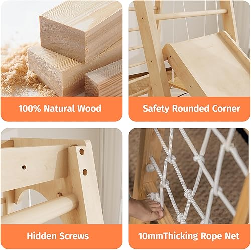 Miniatura 6 de Gimnasio interior de la selva para niños pequeños, juguetes de escalada Montessori de madera 8 en 1 con tobogán, columpio, pared de roca, escalera